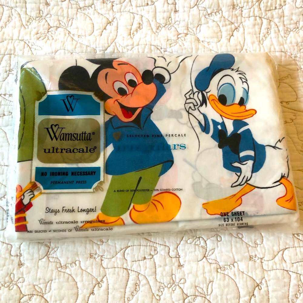 Vintage 60’s Wamsutta Disney Twin Flat Sheet Mickey Mouse Picnic Band Party